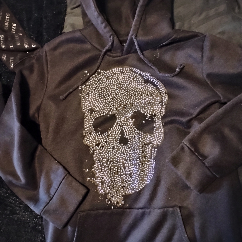 QED London Black Hoodie with Silver Stud Skull